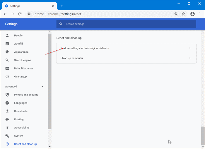 reset google chrome to default settings in Windows 10 pic2