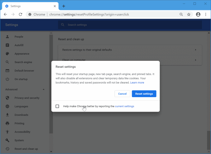 reset google chrome to default settings in Windows 10 pic3