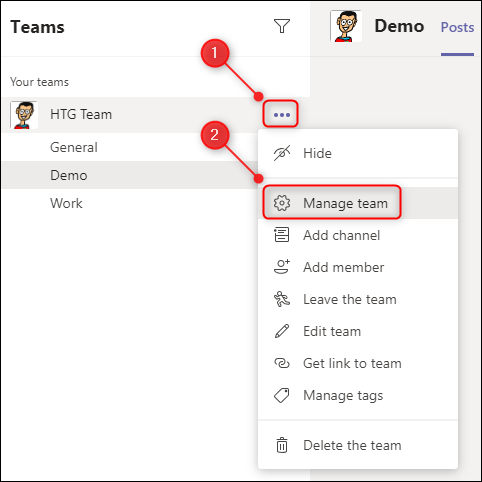 The "Manage team" menu option.