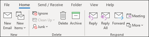 The new Outlook ribbon without the "Search" tab.