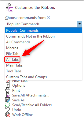 Change "Popular Commands" to "All Tabs."