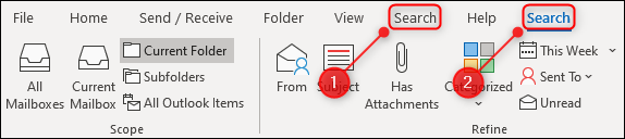 The Outlook ribbon with two "Search" tabs.