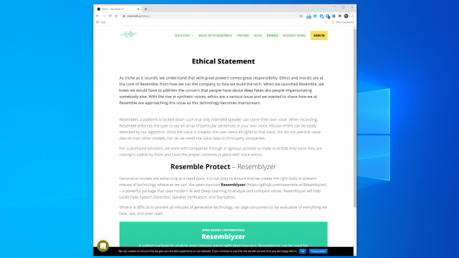 The "Ethical Statement" page on the Resemble AI website.