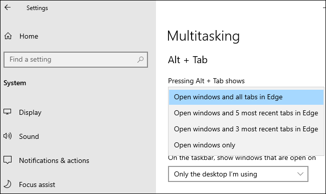 Edge Alt+Tab options under Settings > System > Multitasking.