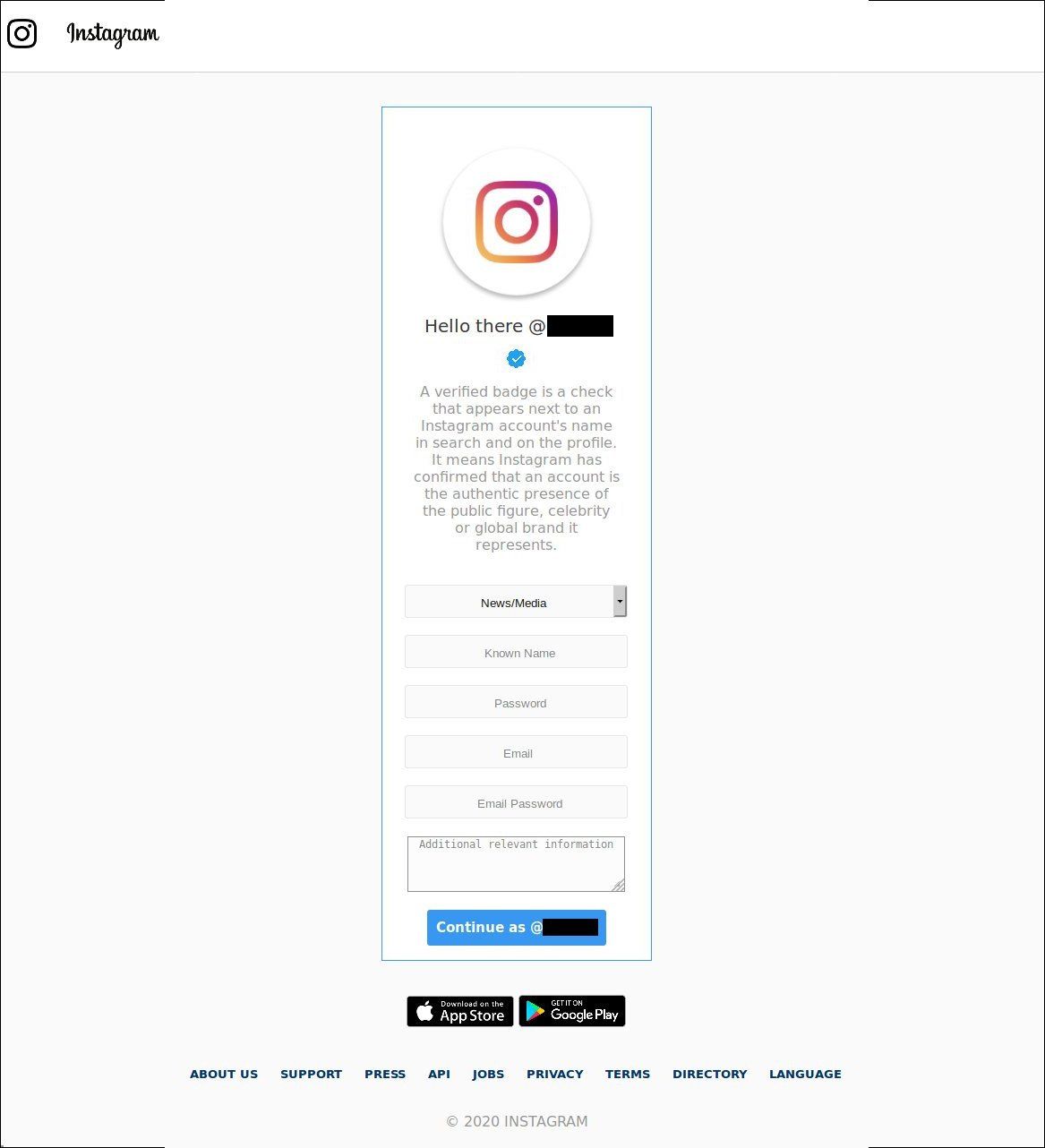 Instagram verify phishing page