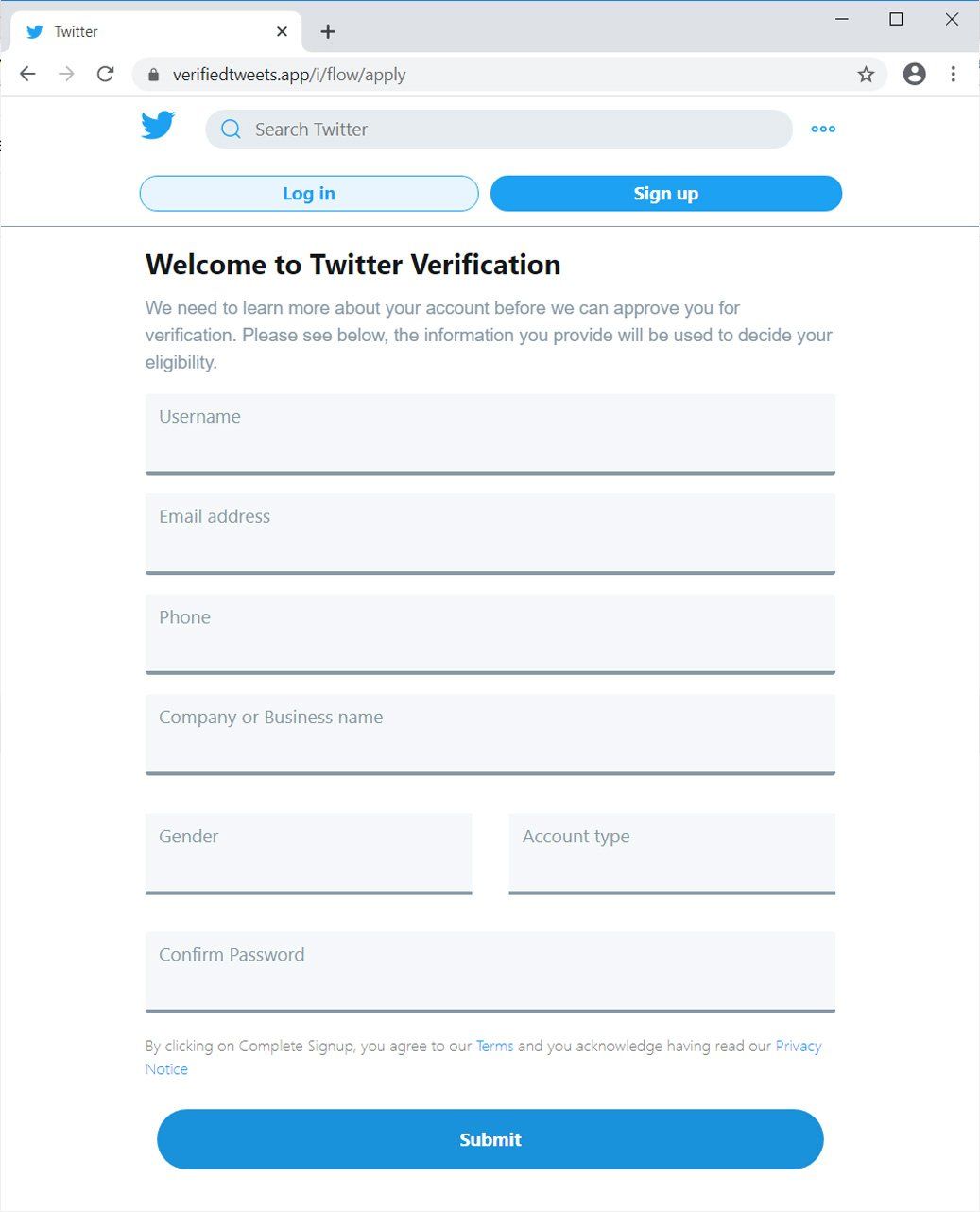 Twitter verify phishing page
