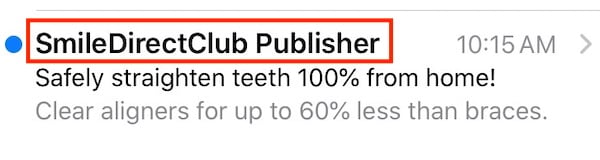An email "from" line must clearly relate to the sender's company or brand, such as this example from SmileDirectClub, a teledentistry company.