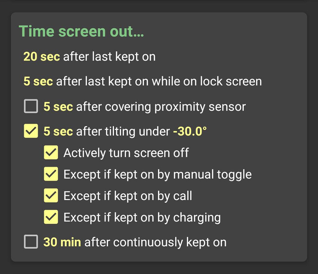 KinScreen screenshot showing time out by tilt setting