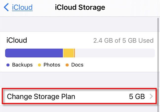 In iCloud Storage, tap "Change Storage Plan."