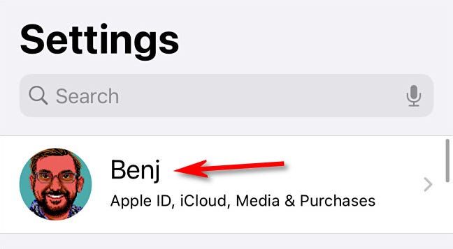 In Settings on iPhone or iPad, tap your account avatar icon or name.