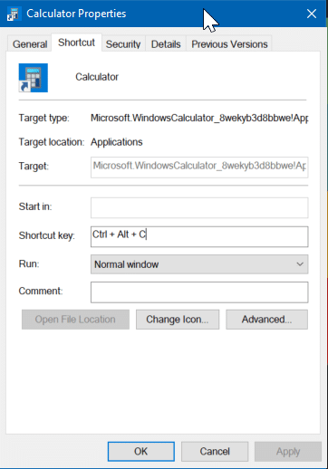 create keyboard shortcut to open calculator in Windows 10 pic7