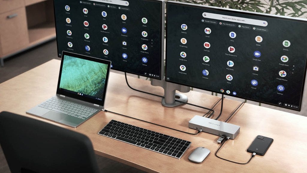The HyperDrive 14 docking station with a Google Pixelbook paired up to two monitors