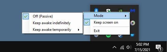 A little menu will open and you can select "Keep Screen On" and mouse-over "Mode" to switch the mode right from here.