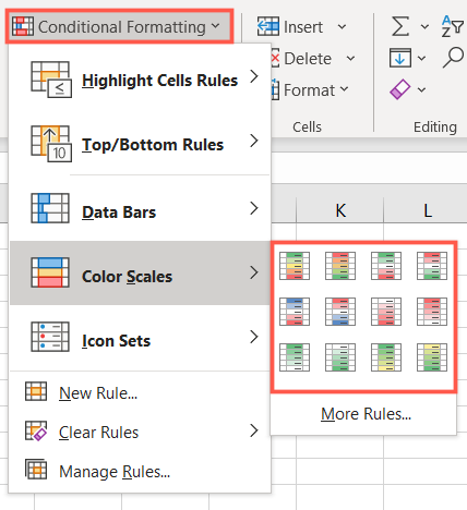 On the Home tab, click Conditional Formatting, Color Scales