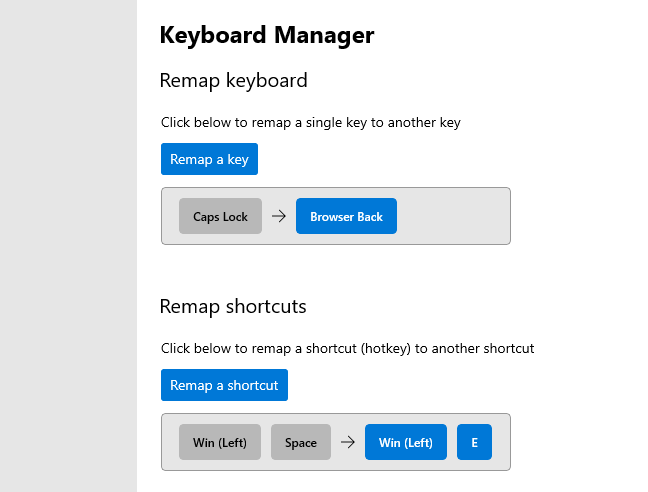 Remapping keys and keyboard shortcuts in the Keyboard Manager PowerToy.