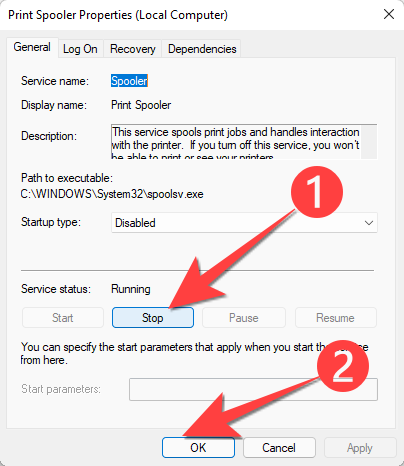 Select the "Stop" button to halt the service and select the "Ok" button to apply the changes.