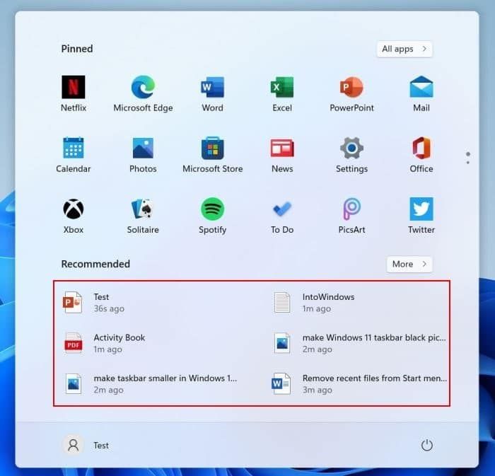 remove or disable recent files from Start menu in Windows 11 pic1