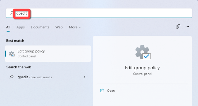 Click Start, type "gpedit" in the search box, and press Enter to open the Group Policy Editor.