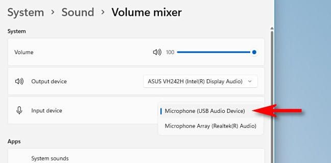 In Volume Mixer, select a microphone with the "Input" drop-down menu.