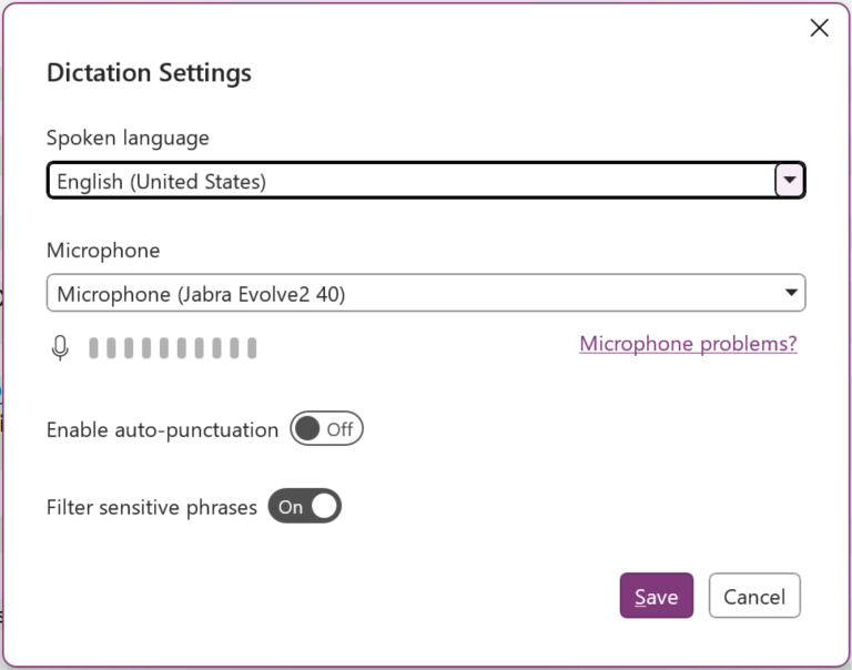Screenshot of dictation settings in OneNote desktop app
