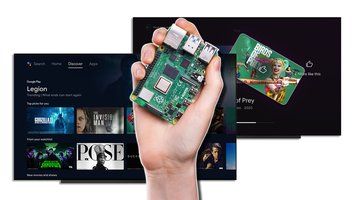 Someone holding the Raspberry Pi 4 over an Android TV