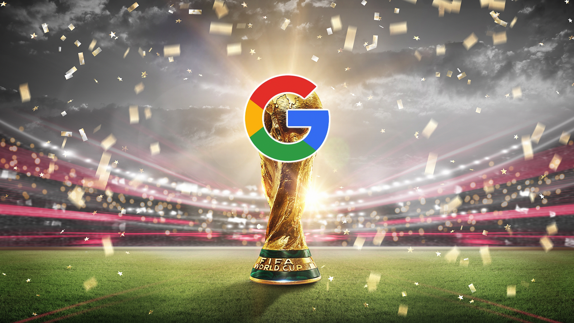 The Google logo over an illustration of the World Cup trophy.