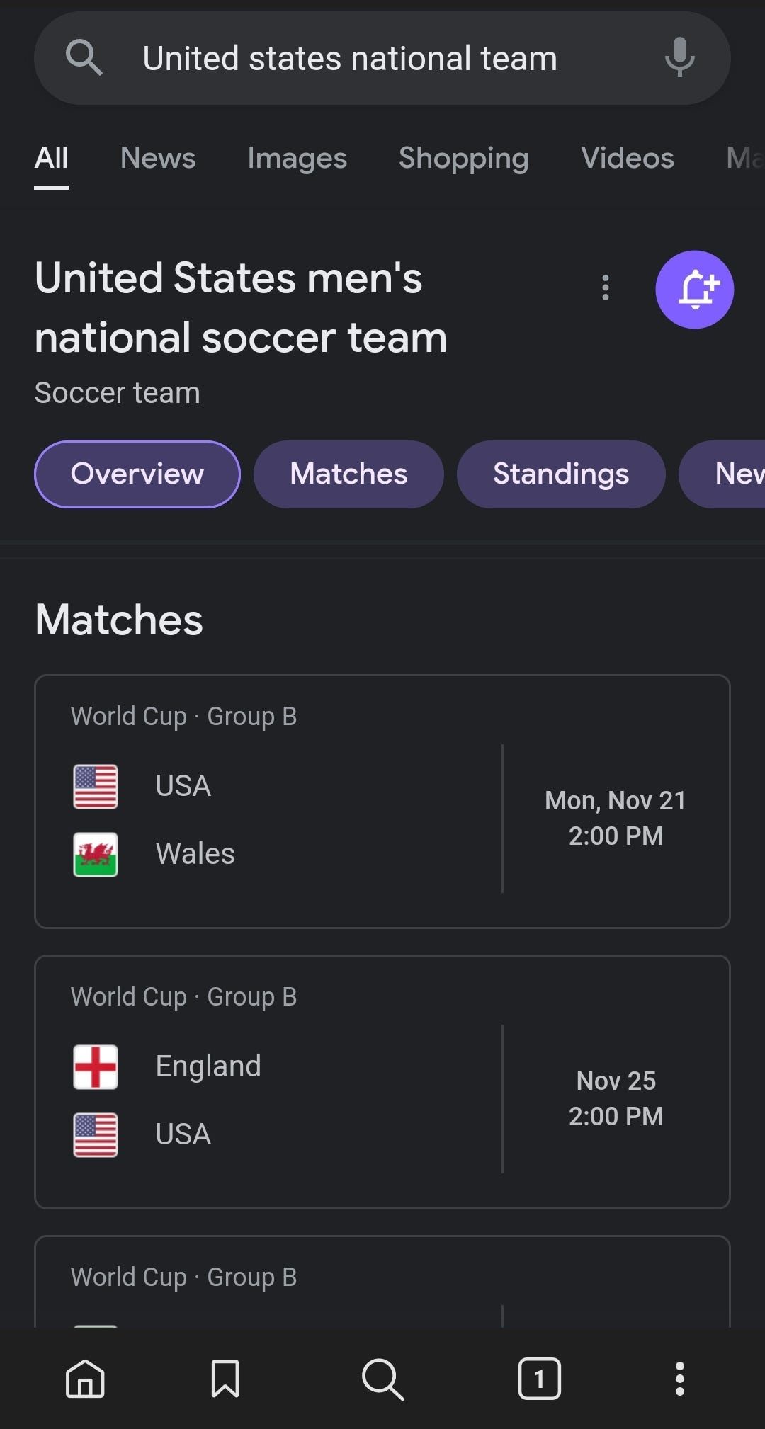 Google's search page for the US national soccer team