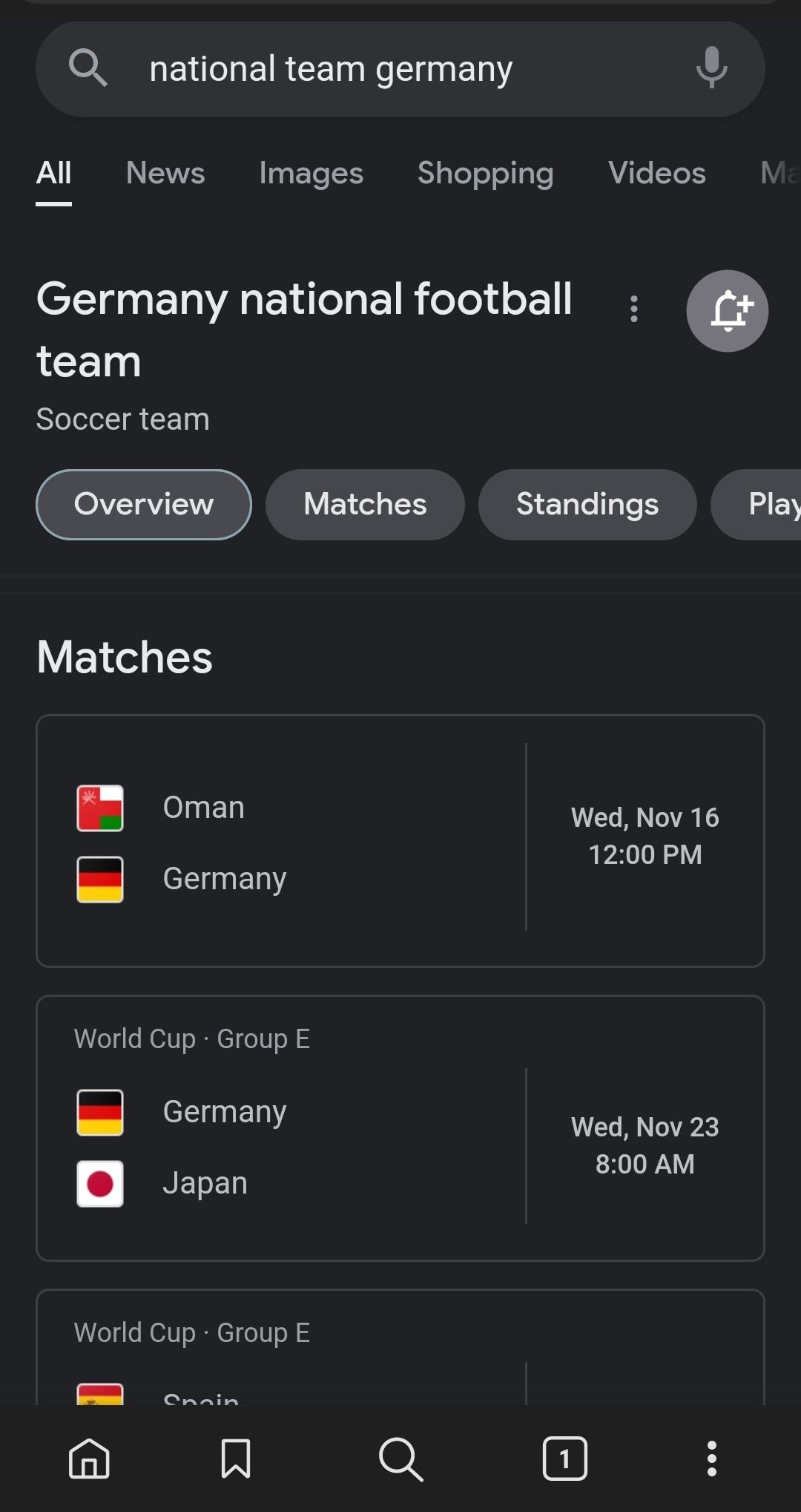 Google's search page for the German national soccer team