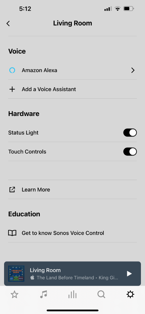 Sonos App controlling Beam Gen 2 hardware settings