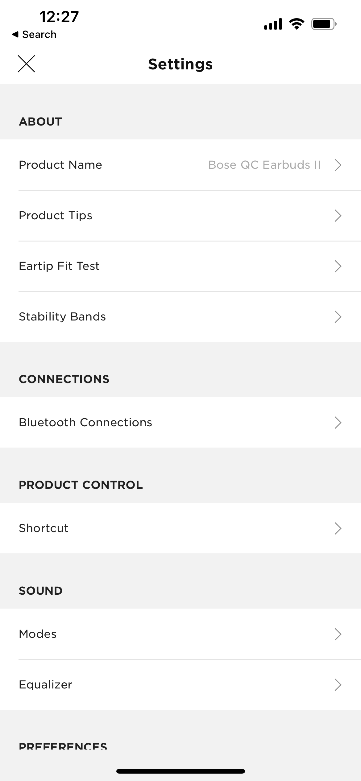 Bose QuietComfort 2 Earbuds app settings menu