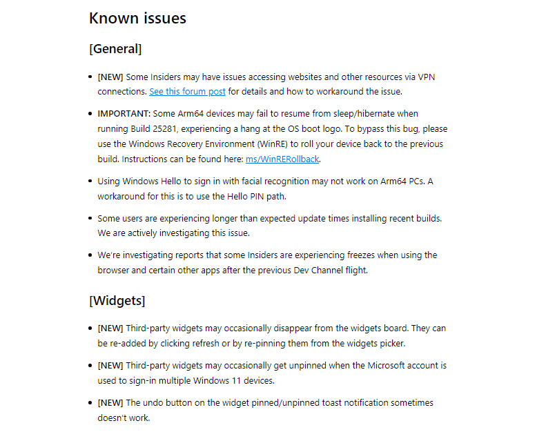 Windows 11 Insider Preview Build 25284 known issues