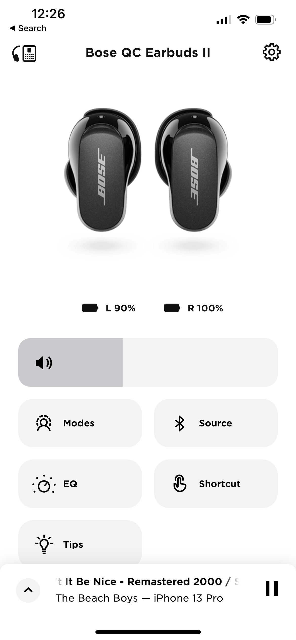 Bose QuietComfort 2 earbuds app main page