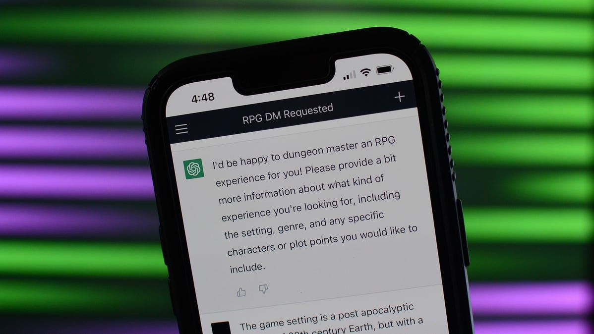 A phone, displaying an AI chat response, against a green and purple background.