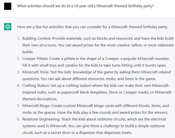 A ChatGPT AI response showing ideas for a Minecraft themed birthday party.