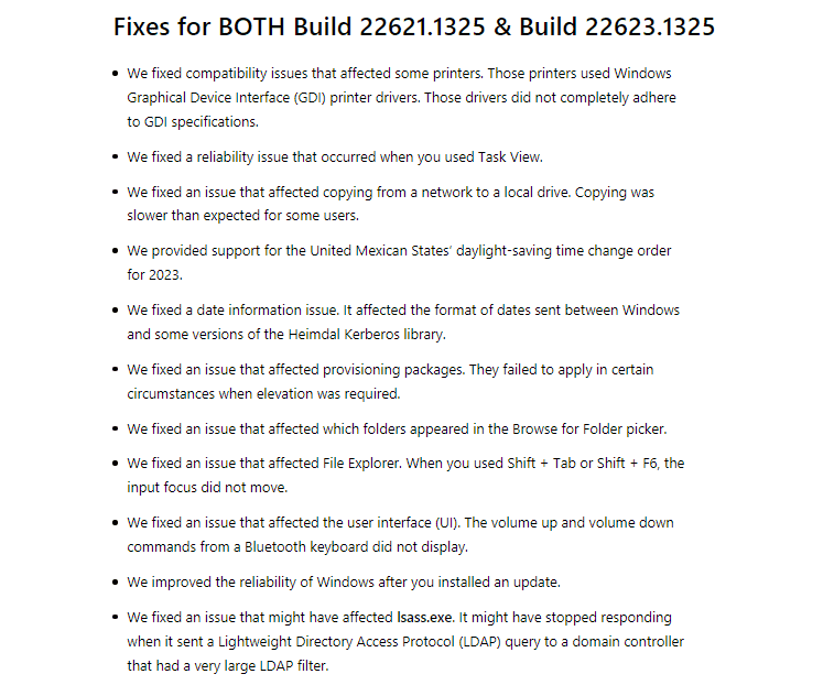 Windows 11 Insider Beta Build 22621.1325 and 22623.1325 fixes