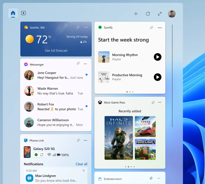 Spotify, Messenger, Game Pass, Phone Link, and Weather widgets on Windows 11 widgets board.