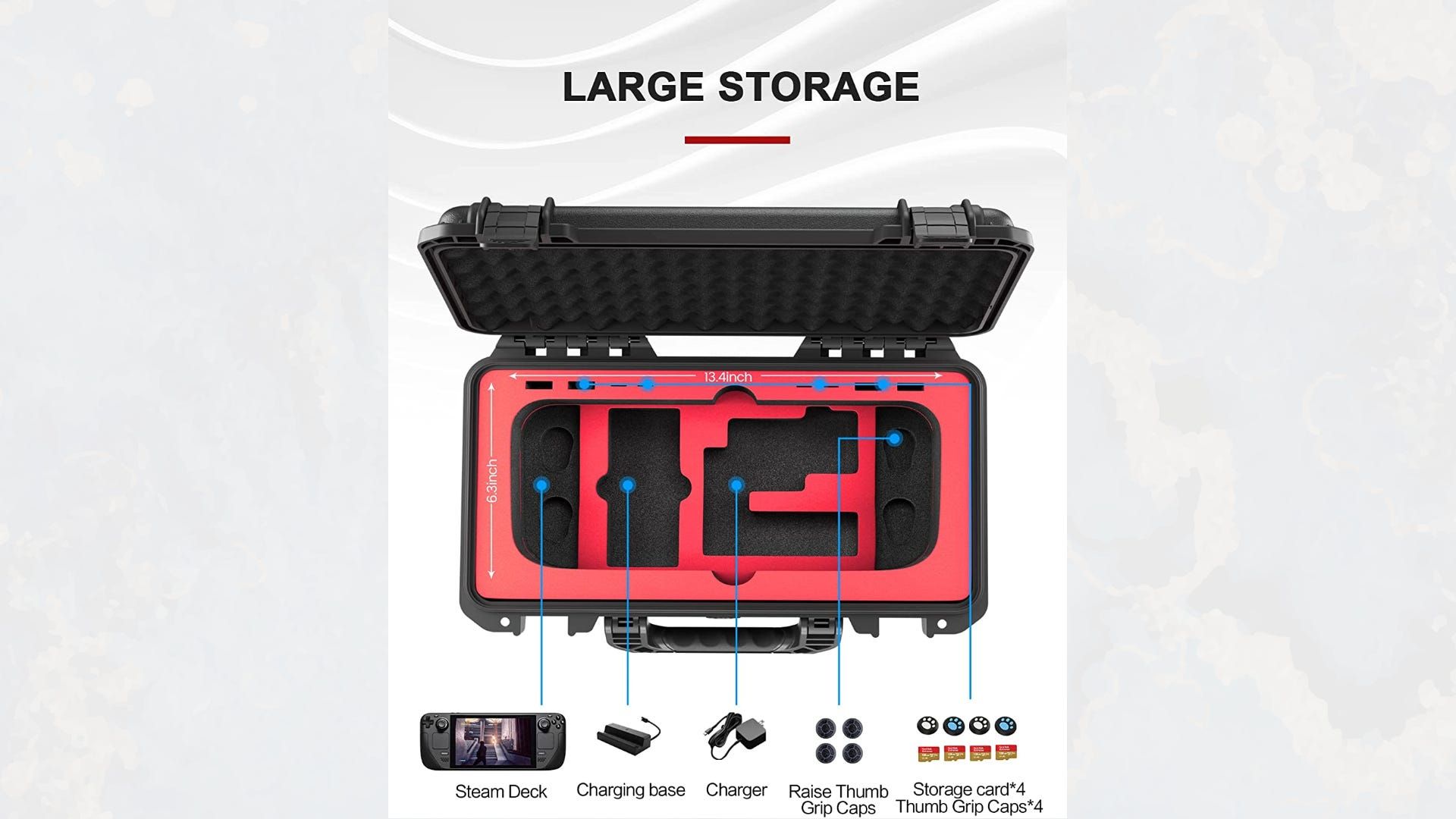 Storage capacity displayed of the DEVASO Travel Carrying Case for the Steam Deck.