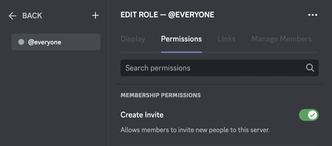 Edit permissions for the default role on Discord
