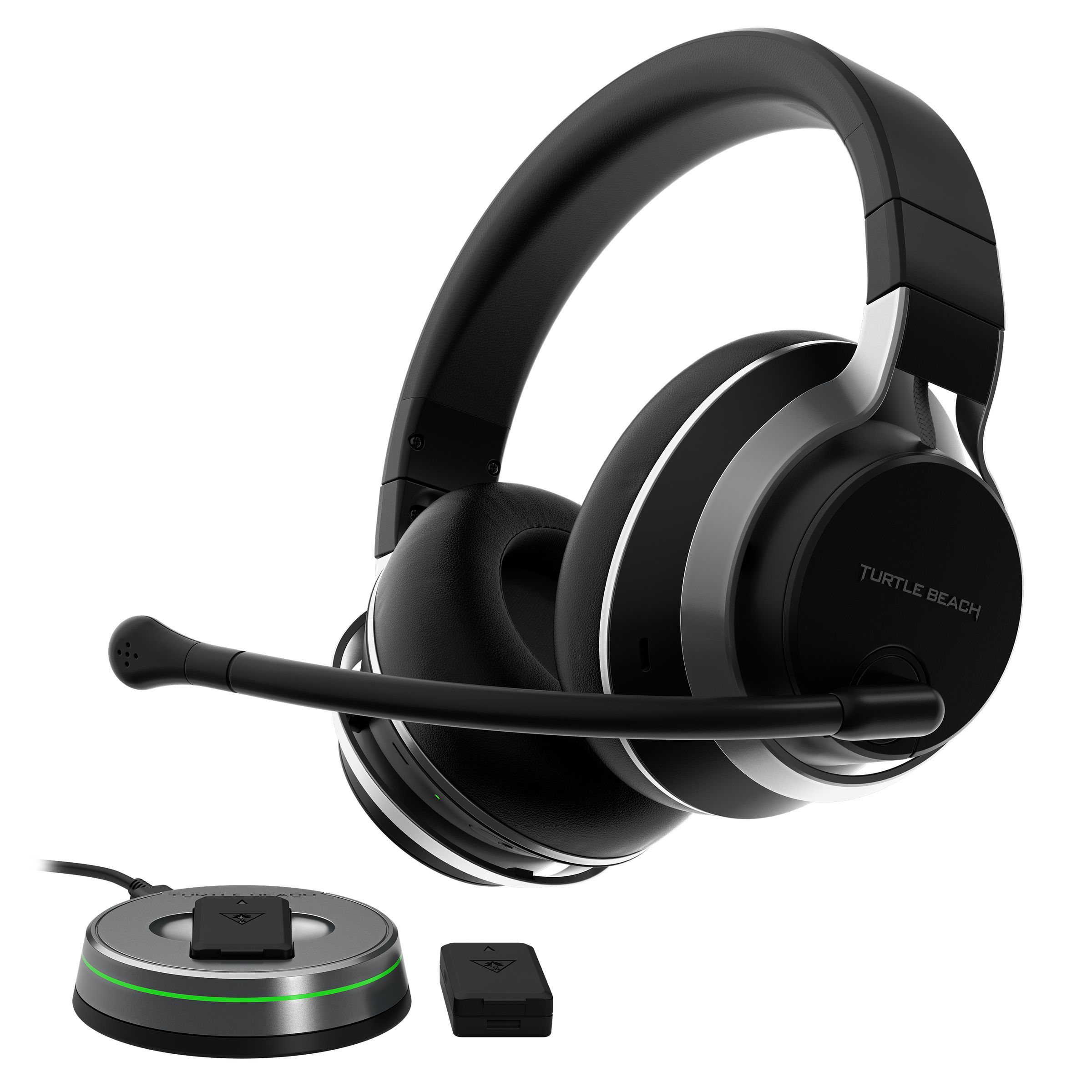 The Turtle Beach Stealth Pro gaming headset against a white backdrop. Its wireless transmission station and battery charger is pictured to the left.