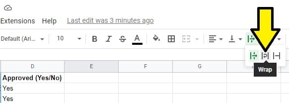 How to wrap text in Google Sheets from the toolbar, an arrow pointing to the wrap icon