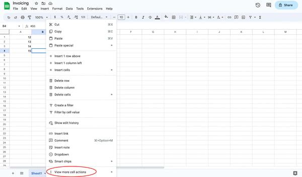 How to lock cells in google sheets, step 2: hover over “view more cell actions.”