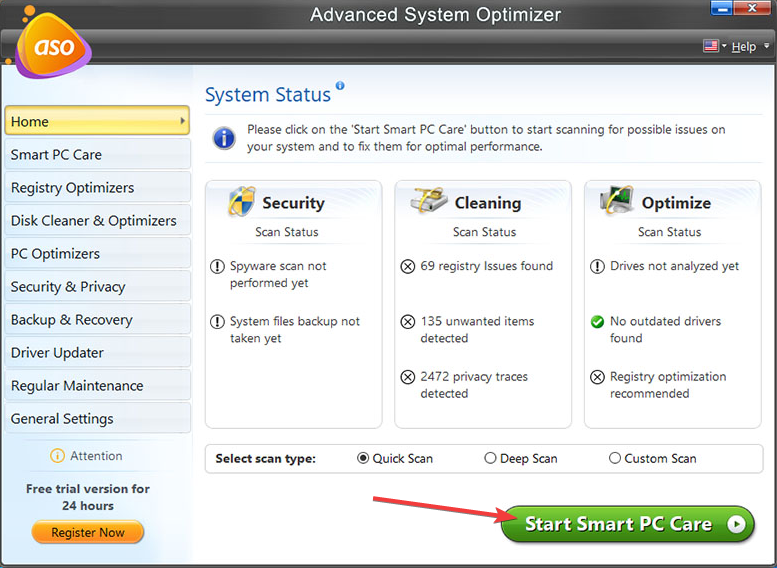 Advanced System Care Start scan